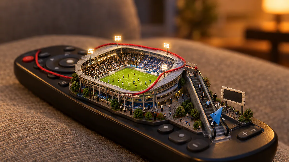 Controle remoto com estádio em miniatura e tubarão de papel subindo escada rolante que desce, ligados por um fio de lã vermelho