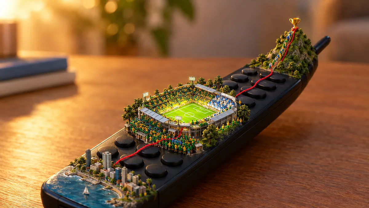 Controle remoto com estádio em miniatura, torcida verde e amarela e fio vermelho levando a uma taça, simbolizando o Brasil Feminino