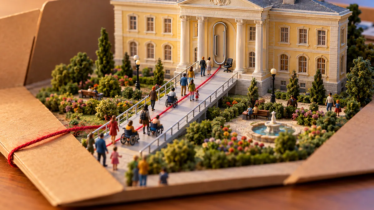 Pasta de elástico aberta com maquete de palácio, rampa e bonequinhos; um fio vermelho sobe a rampa, ilustrando Douglas Ruas e a vice-governadora