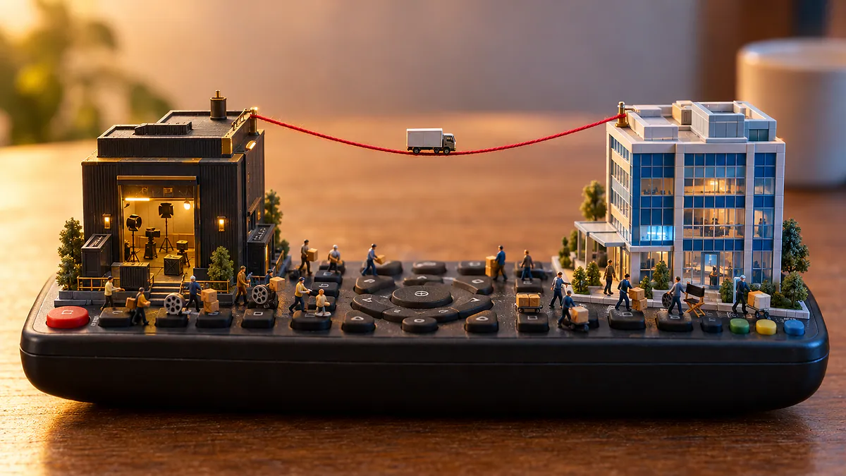Controle remoto com cidade em miniatura: bonequinhos levam caixas de um prédio escuro a outro por uma ponte de fio vermelho