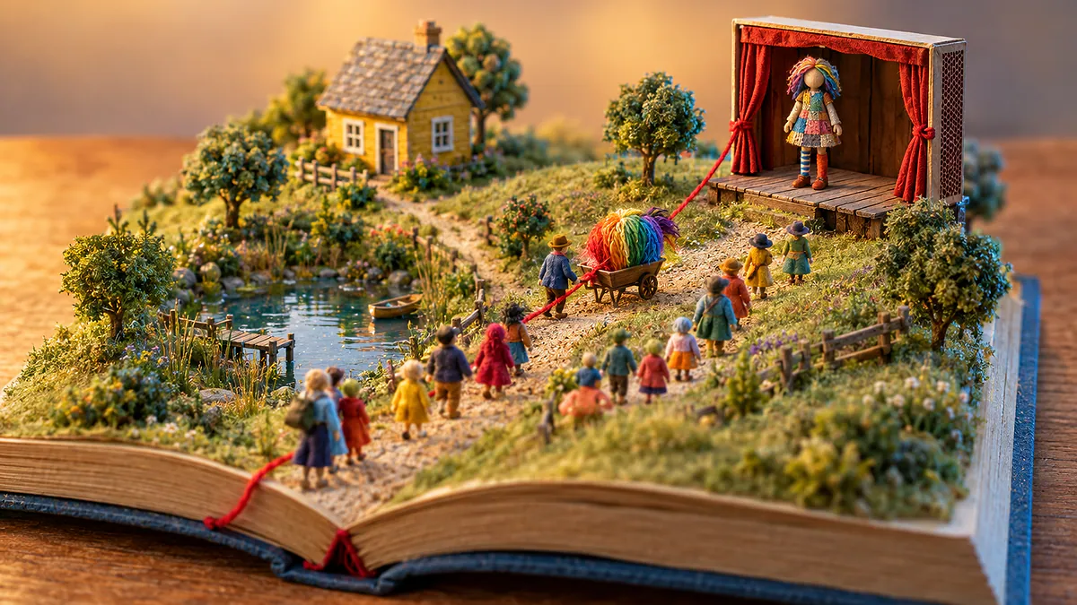 Livro aberto vira sítio em miniatura; bonequinhos levam peruca colorida a um palco, com um fio vermelho: Isabelle Drummond e a Emília