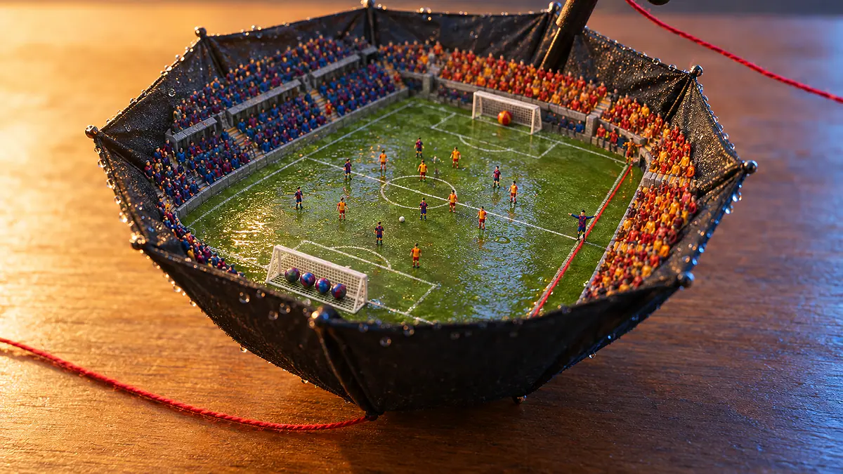 Guarda-chuva aberto virado como estádio em miniatura, com quatro bolinhas de gude azuis e grená num gol e uma laranja no outro