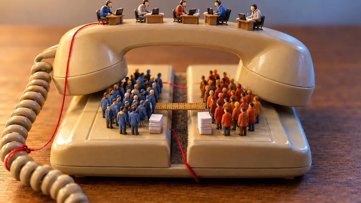Telefone fixo com fio com miniaturas de entrevistadores e duas multidões separadas por uma régua, ligados por um fio de lã vermelho