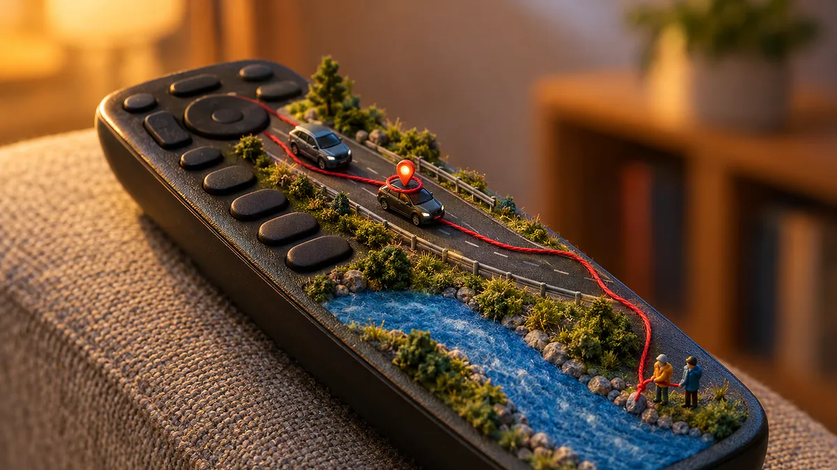 Controle remoto com estrada de maquete, carro com pino de rastreador, rio de feltro e fio vermelho, ilustrando Quem Ama Cuida