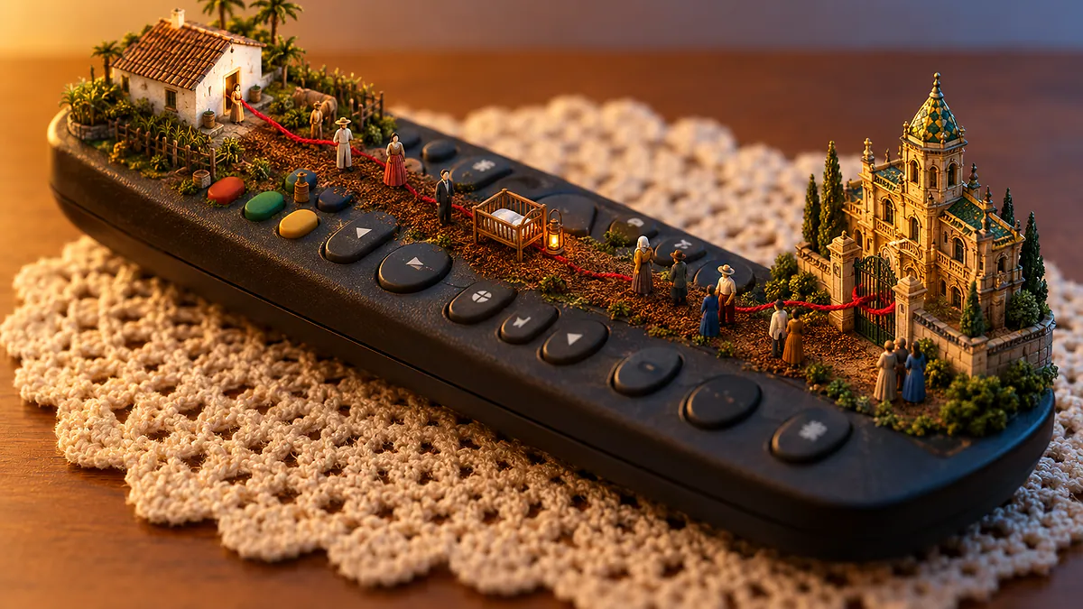 Controle remoto com maquete de engenho e palácio ligados por fio vermelho, com um berço minúsculo no meio, para o resumo da novela Nobreza do Amor