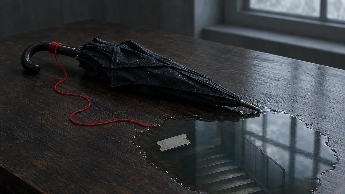 Chuva SP alagamento metrô: guarda-chuva preto, poça com escada em miniatura mergulhando na água e fio vermelho no cabo