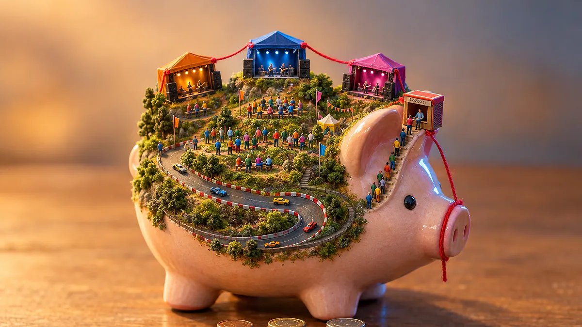 Cofrinho de porcelana com festival em miniatura nas costas, três palcos, pista curva, fila pela orelha e fio vermelho de lã