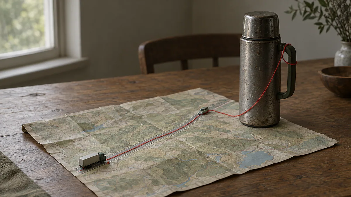 BR-376: mapa dobrado com caminhão e carro de maquete em sentidos opostos, unidos por fio vermelho