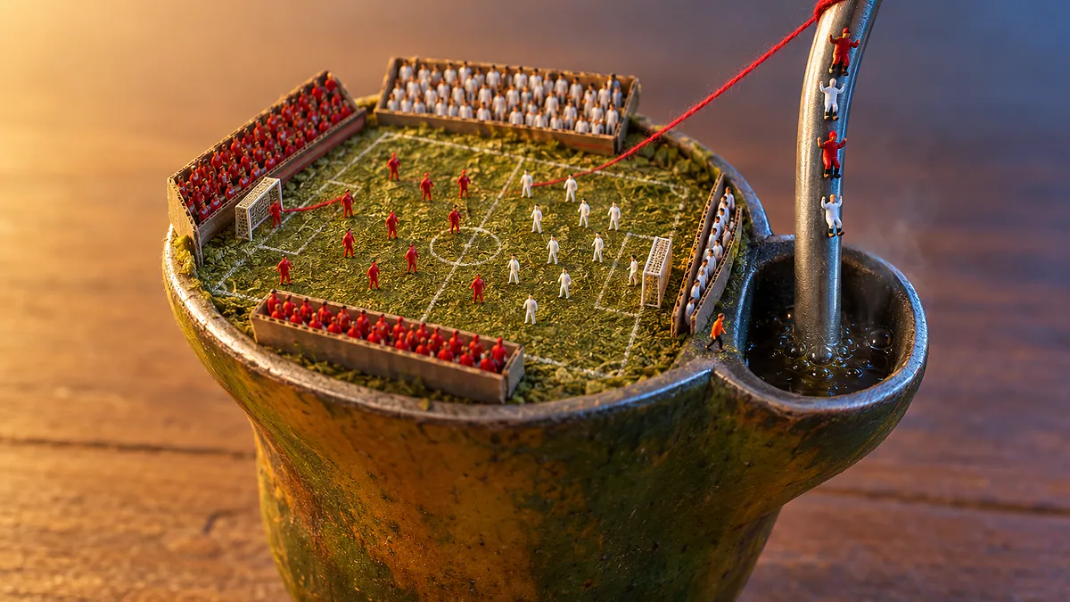 Cuia de chimarrão com estádio em miniatura, time com um jogador a menos e figuras escorregando pela bomba, ligadas por um fio vermelho