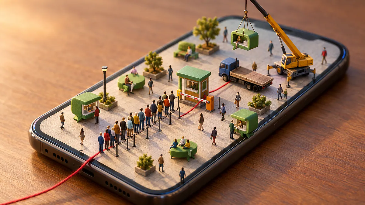 Celular com praça em miniatura na tela, fila de bonequinhos diante de guarita e fio vermelho: TSE WhatsApp Campanhas