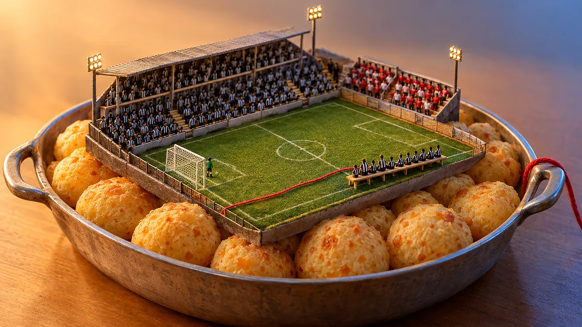 Travessa de pão de queijo com estádio em miniatura, torcida preto e branco, goleiro em pé e reservas sentados, com fio vermelho