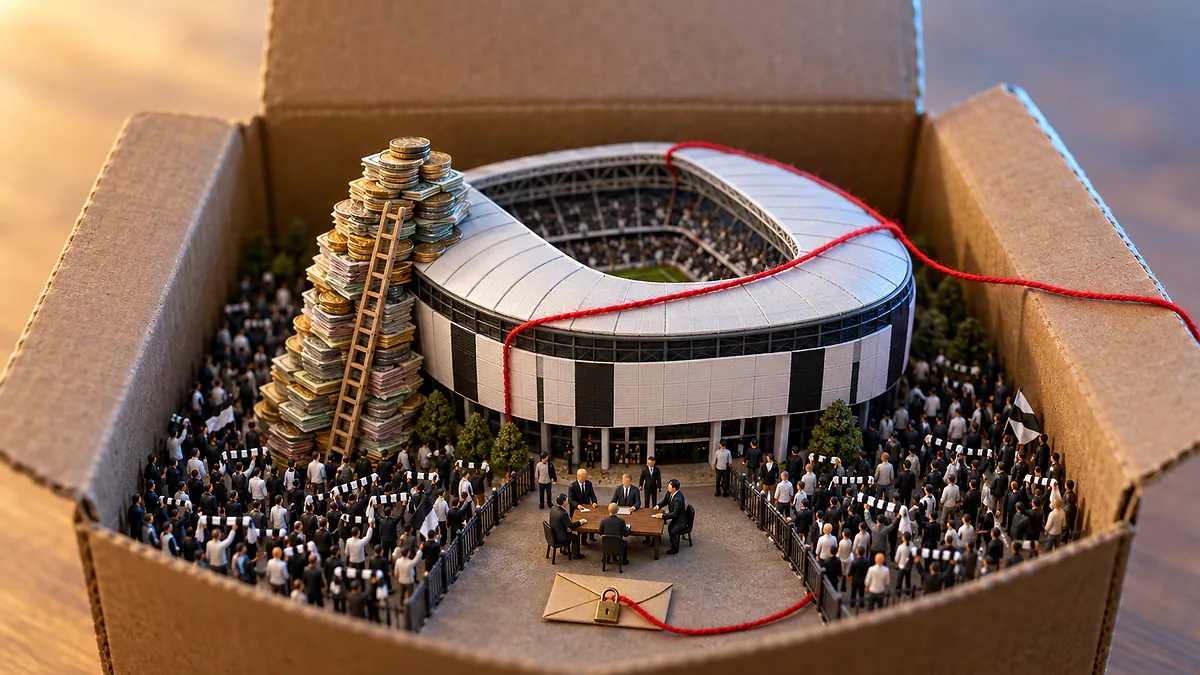 Caixa de papelão aberta com estádio em miniatura, torcedores de maquete e envelope com cadeado, ligados por um fio vermelho