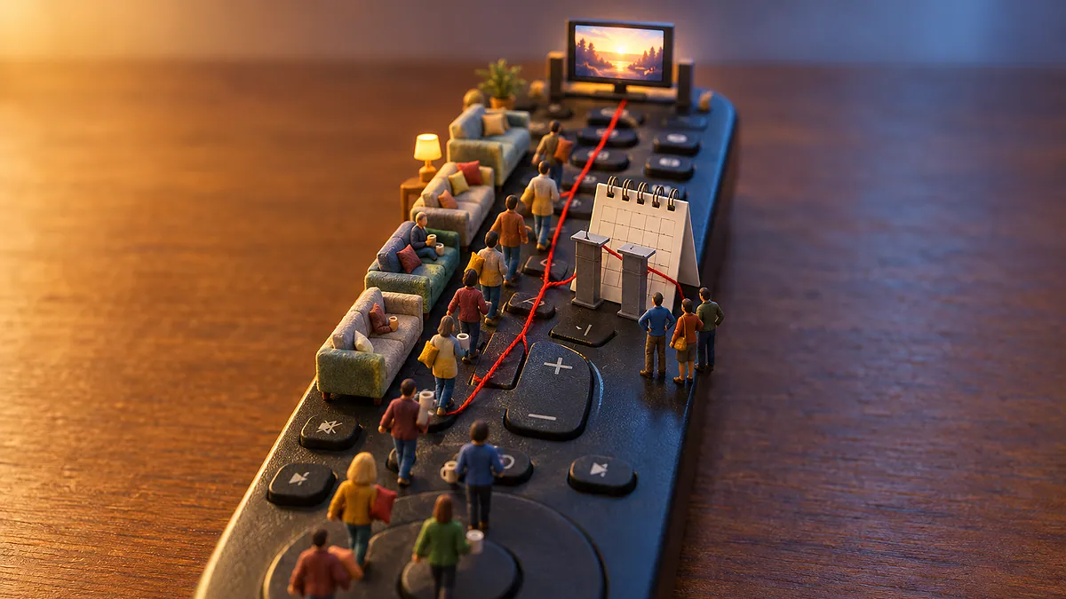Controle remoto com bonequinhos de maquete indo a uma TV em miniatura, com um pódio bloqueando a trilha e um fio vermelho