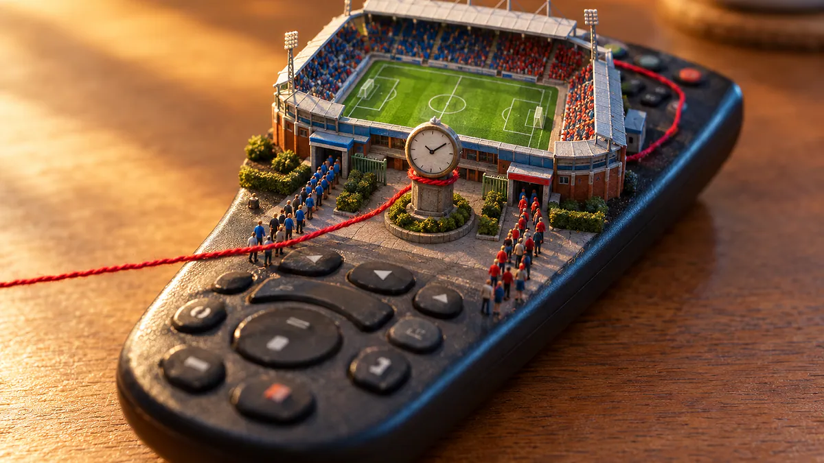 Controle remoto com estádio em miniatura, torcedores de maquete e um despertador sem números, ligado por um fio vermelho.