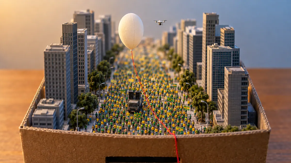 Urna de papelão com maquete da Paulista, multidão minúscula de verde e amarelo, balão inflável alto e fio de lã vermelho