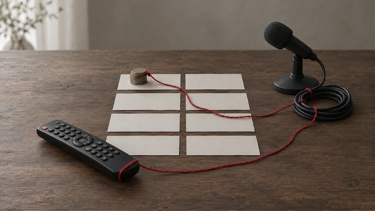 Controle remoto, microfone, fichas em branco e moedas ligados por um fio de lã vermelho, em referência ao caso ICL Notícias e CNN