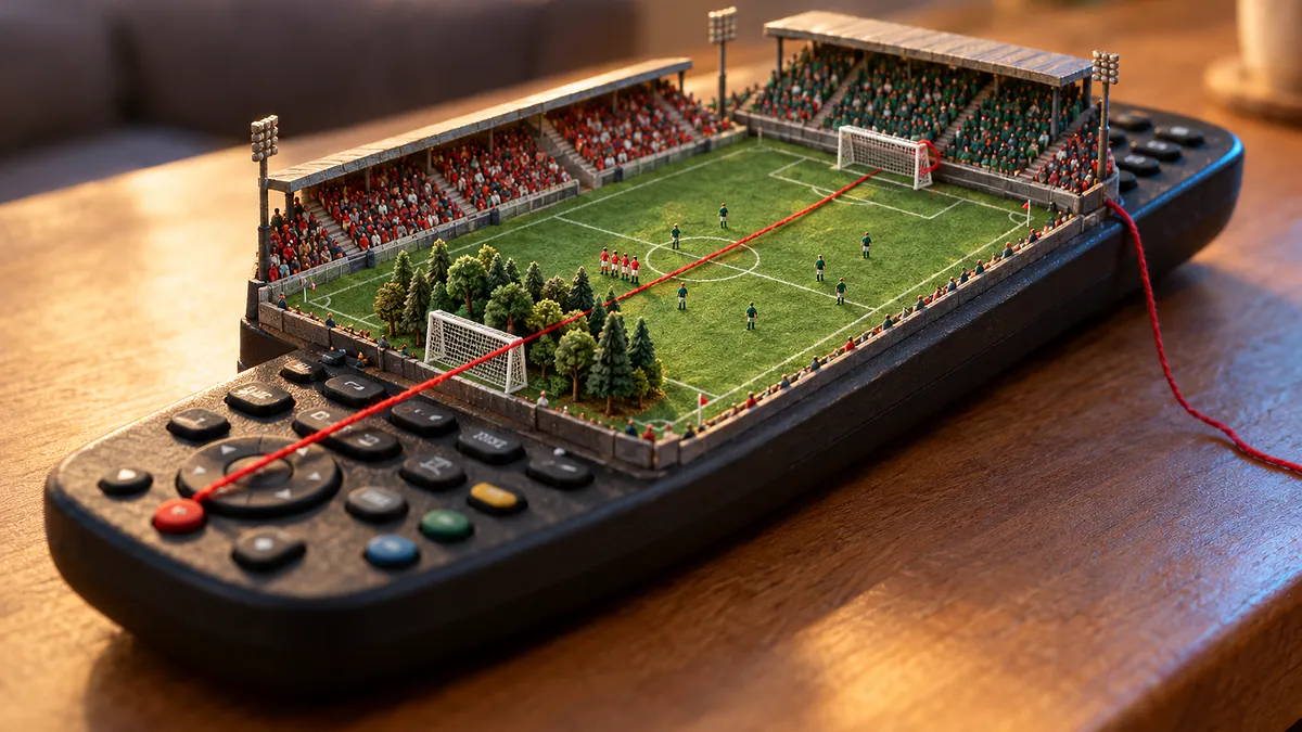 Controle remoto com estádio em miniatura e barreira de árvores no gol, com fio vermelho cruzando o campo no Nottingham Forest x Arsenal