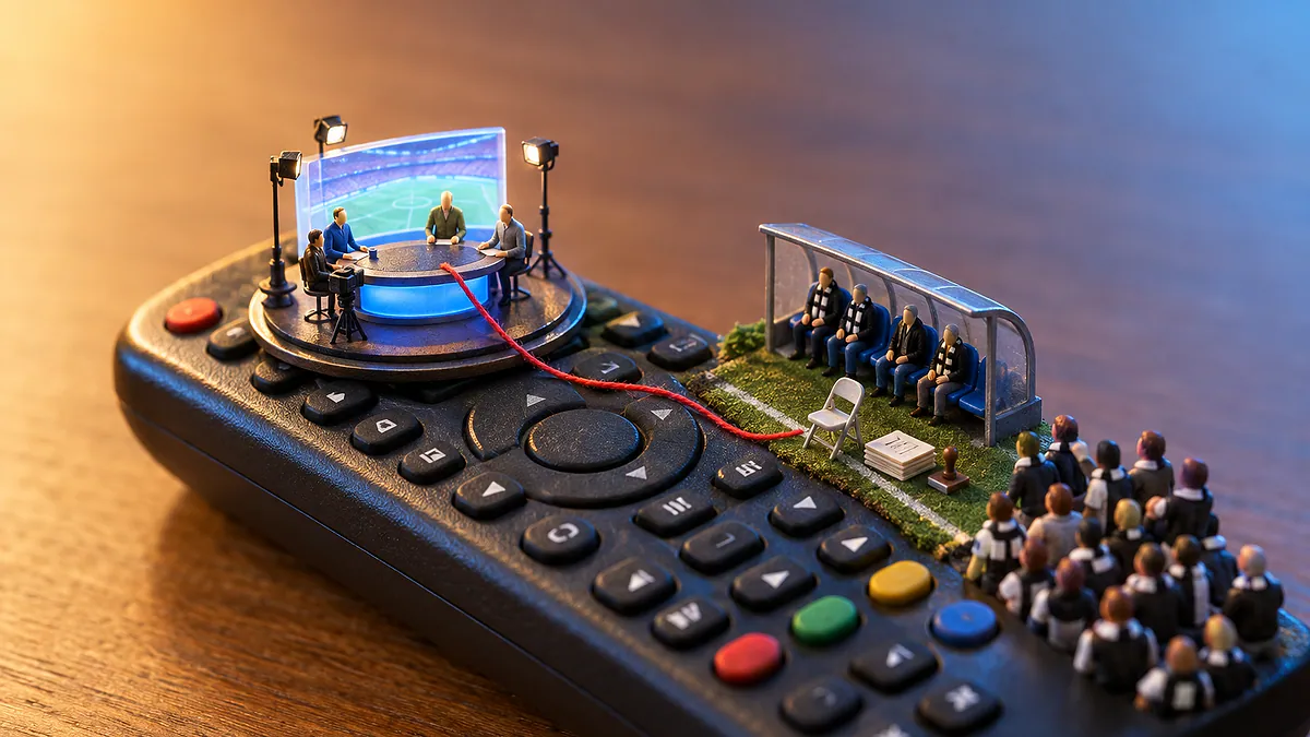 Controle remoto com mini estúdio de debate de futebol e uma cadeira de técnico vazia ao lado de pilhas de papel, com fio vermelho