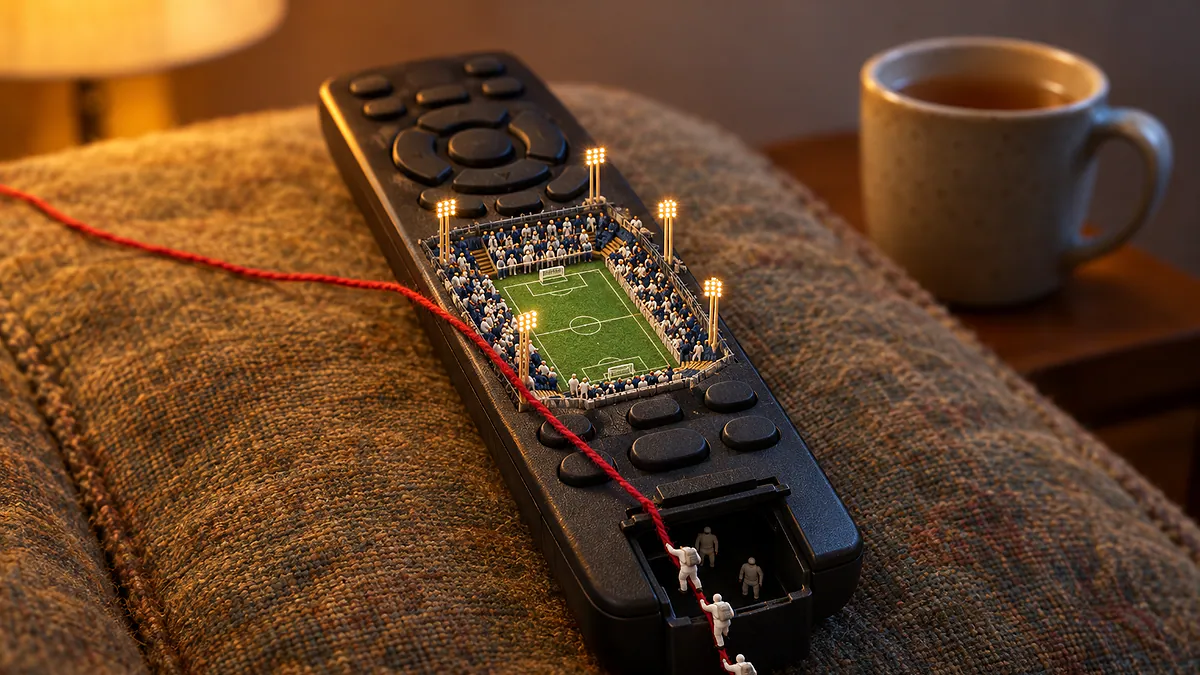 Controle remoto com estádio em miniatura e bonequinhos brancos subindo por um fio vermelho para sair de um alçapão