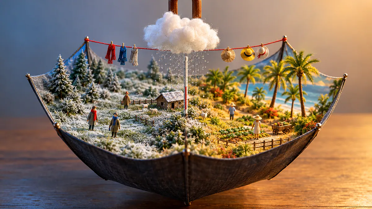Guarda-chuva virado com maquete de campo com geada de um lado, sol e palmeiras do outro e fio vermelho: previsão do tempo