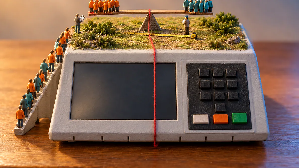 Urna eletrônica com maquete de gangorra equilibrada, bonequinhos e pesquisadores medindo, ligada por fio vermelho, para a Quaest