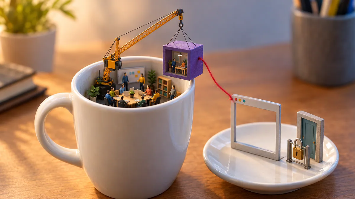 Caneca de café com escritório em miniatura; guindaste leva uma sala roxa a uma janelinha, ligada por fio vermelho, ilustrando o Teams