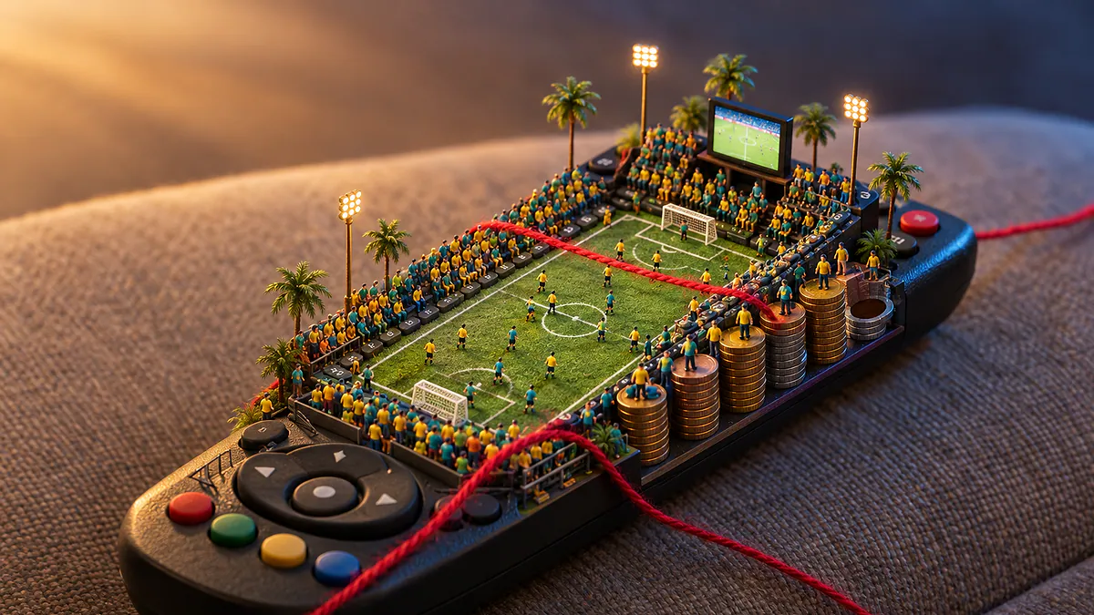 Controle remoto com um campo de futebol em miniatura, bonequinhos amarelos e verde-água na arquibancada e um fio de lã vermelho cruzando a cena