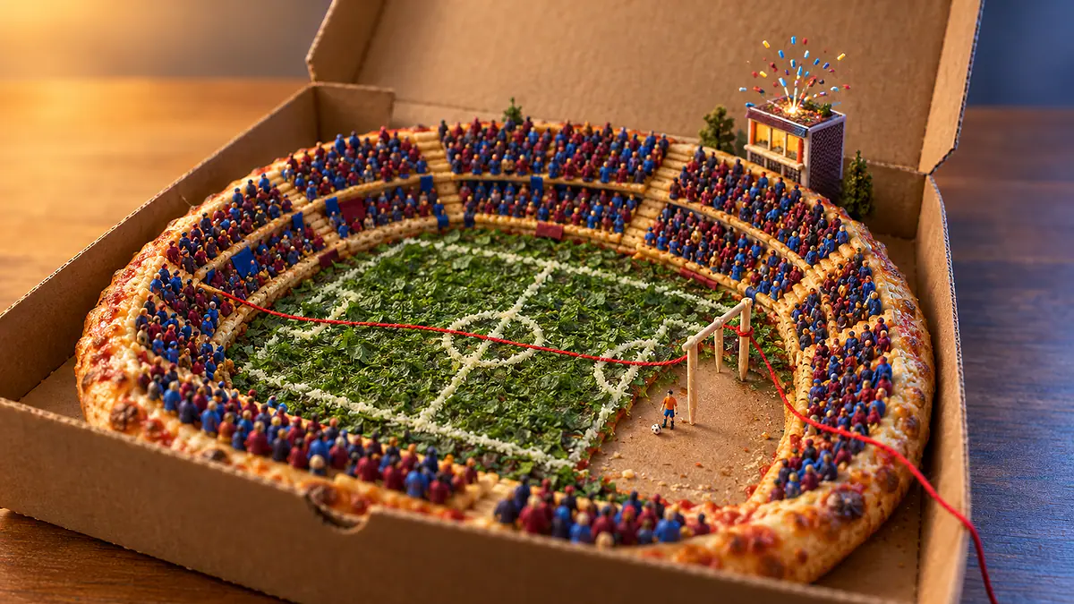 Caixa de pizza aberta com estádio em miniatura, fatia faltando e fio vermelho cruzando o campo, ilustrando Lamine Yamal e o PSG