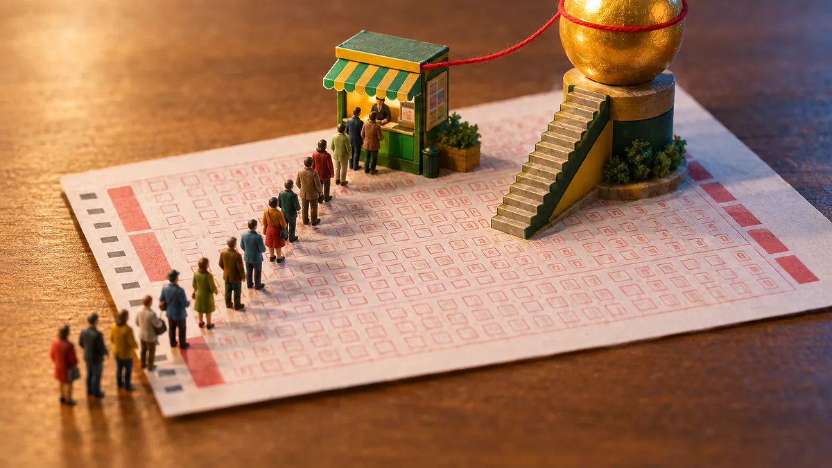 Volante de loteria com fila de bonequinhos subindo uma escada até uma bola dourada, ligados por um fio vermelho, ilustrando a Mega-Sena