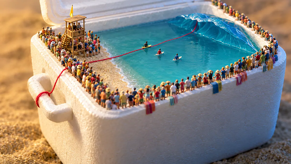 Caixa de isopor de praia com miniatura de campeonato de surfe, plateia minúscula e fio vermelho ligado a uma pequena onda.