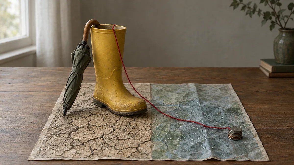 Bota de borracha amarela sobre mapa dobrado, metade seca e rachada, metade úmida, com fio vermelho: Defesa Civil e desastres