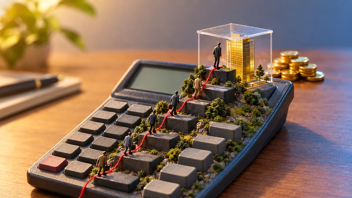 Calculadora de mesa com bonequinhos subindo as teclas até um prédio dourado, com teto de vidro no último degrau e fio vermelho