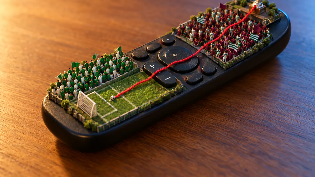Estádio em miniatura sobre um controle remoto, com torcidas verde e grená e um fio vermelho até uma taça de papel-alumínio
