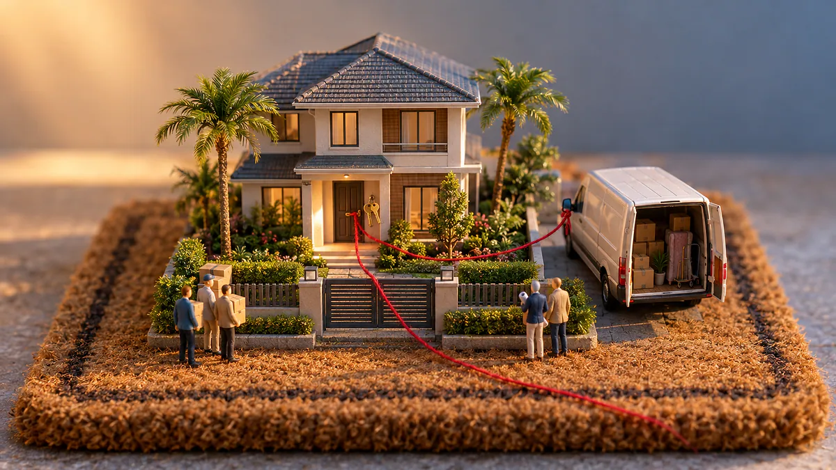 Maquete de casa sobre um capacho, com duas chaves no mesmo prego, caminhão de mudança e um fio de lã vermelho cruzando a cena