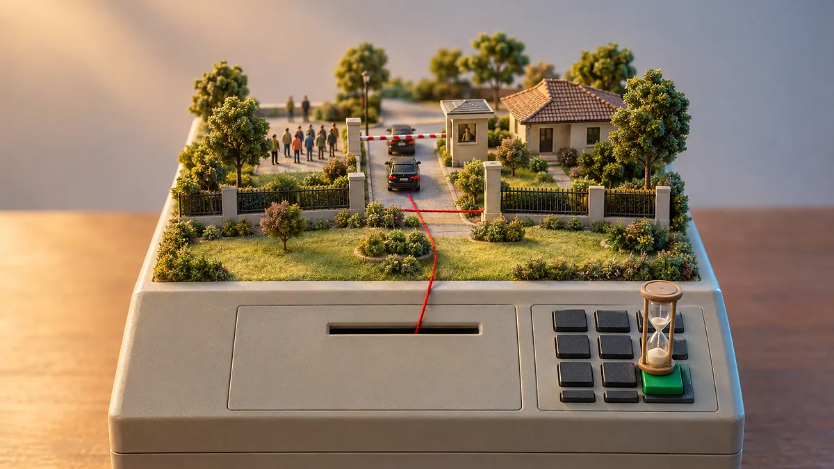 Urna eletrônica com um condomínio em miniatura, carros chegando ao portão e uma ampulheta sobre o teclado, ligados por um fio vermelho