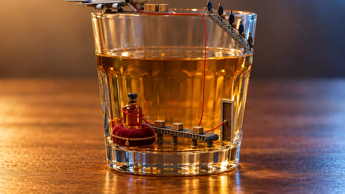 Copo americano com miniaturas de avião de carga, bonequinhos e garrafa de uísque ligada por fio vermelho a uma porta fechada