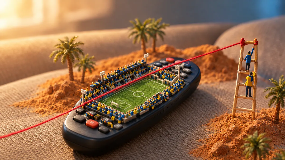 Controle remoto sobre almofada com estádio em miniatura e escada de palitos com dois bonecos a um degrau de distância, ligados por fio vermelho
