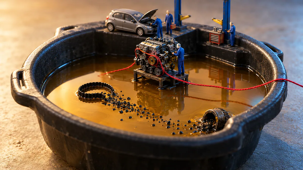 Bacia de óleo com oficina em miniatura e correia de borracha se desfazendo no óleo, com um fio vermelho ligado ao motor