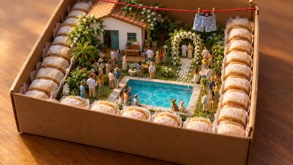 Caixa de bem-casados com maquete de festa à beira da piscina e um varal de fio vermelho com uma cueca e uma caixinha de aliança
