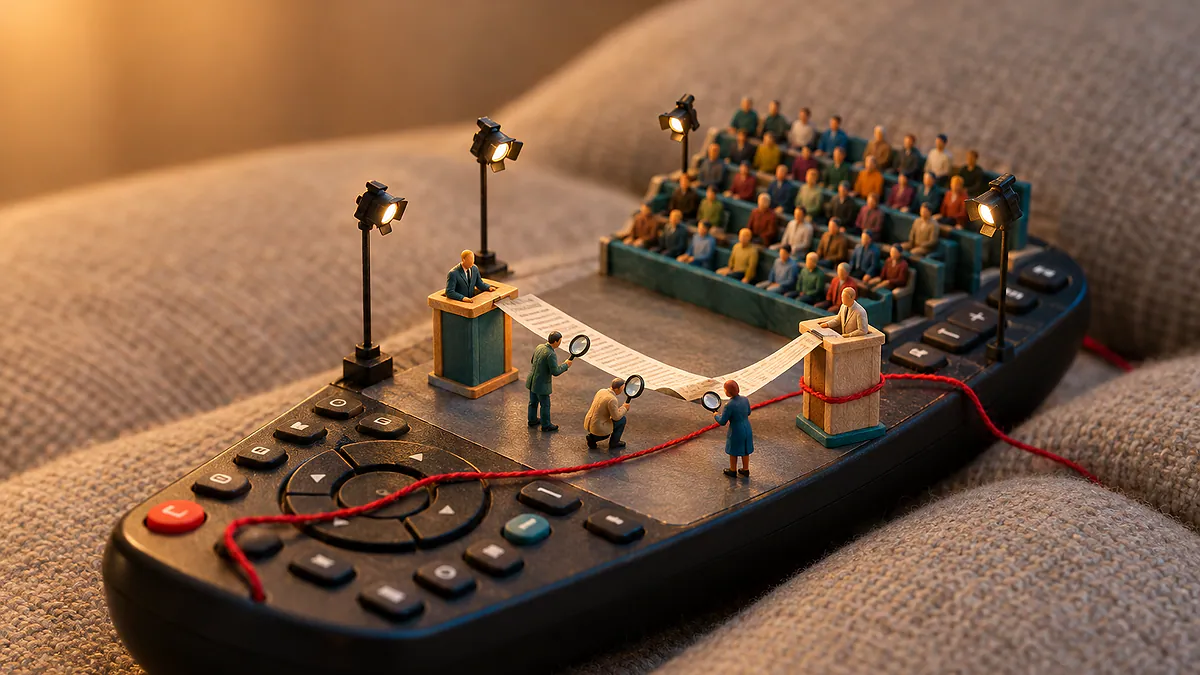 Controle remoto com estúdio de TV em miniatura, dois púlpitos, plateia de bonequinhos e lupa sobre uma tira de papel, com fio vermelho