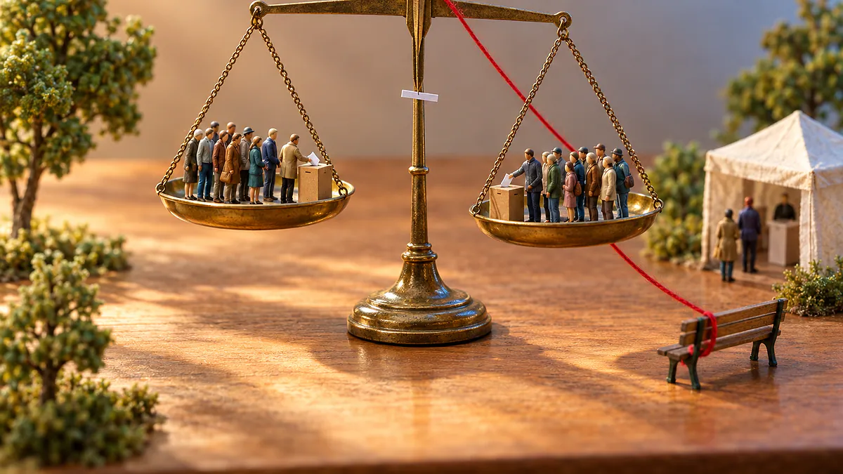 Balança de feira com multidões de miniatura nos dois pratos, quase equilibrados, e fio vermelho: Flávio Bolsonaro, pesquisa e Lula