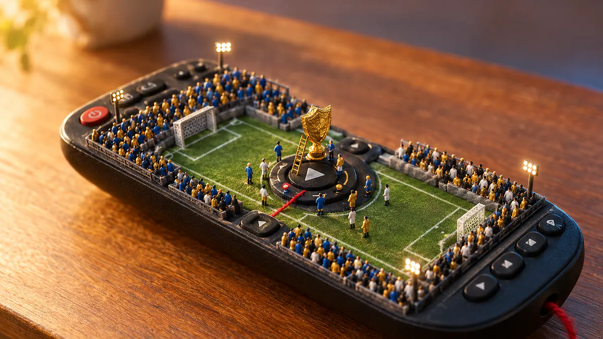 Controle remoto com mini estádio de maquete e troféu dourado sobre o botão play, cortado por um fio vermelho: Montréal x Nashville SC