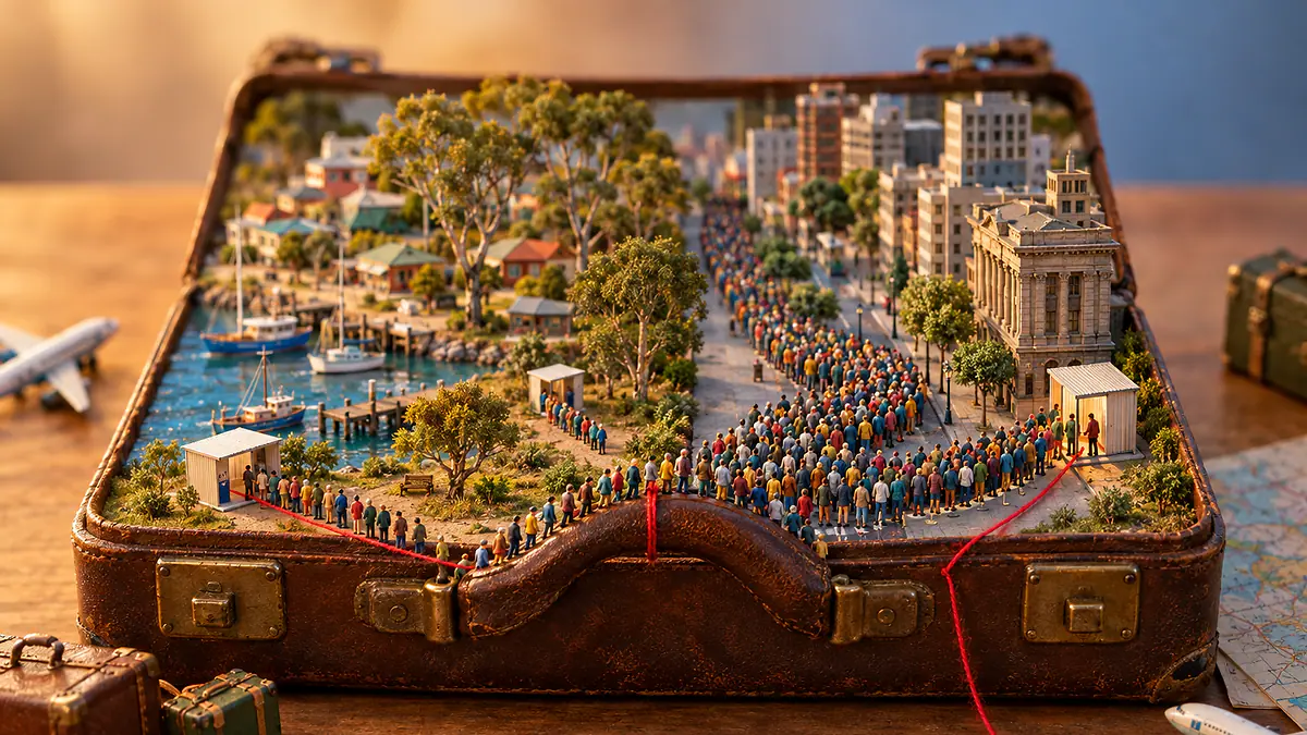 Mala de viagem aberta com miniatura de seções de votação e uma longa fila de bonequinhos, ligadas por um fio vermelho