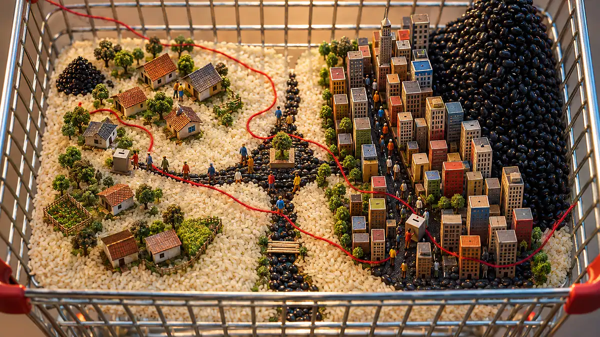 Carrinho de supermercado com maquete de arroz e feijão: vila pequena, cidade densa e um fio vermelho cruzando o mapa do Bolsa Família