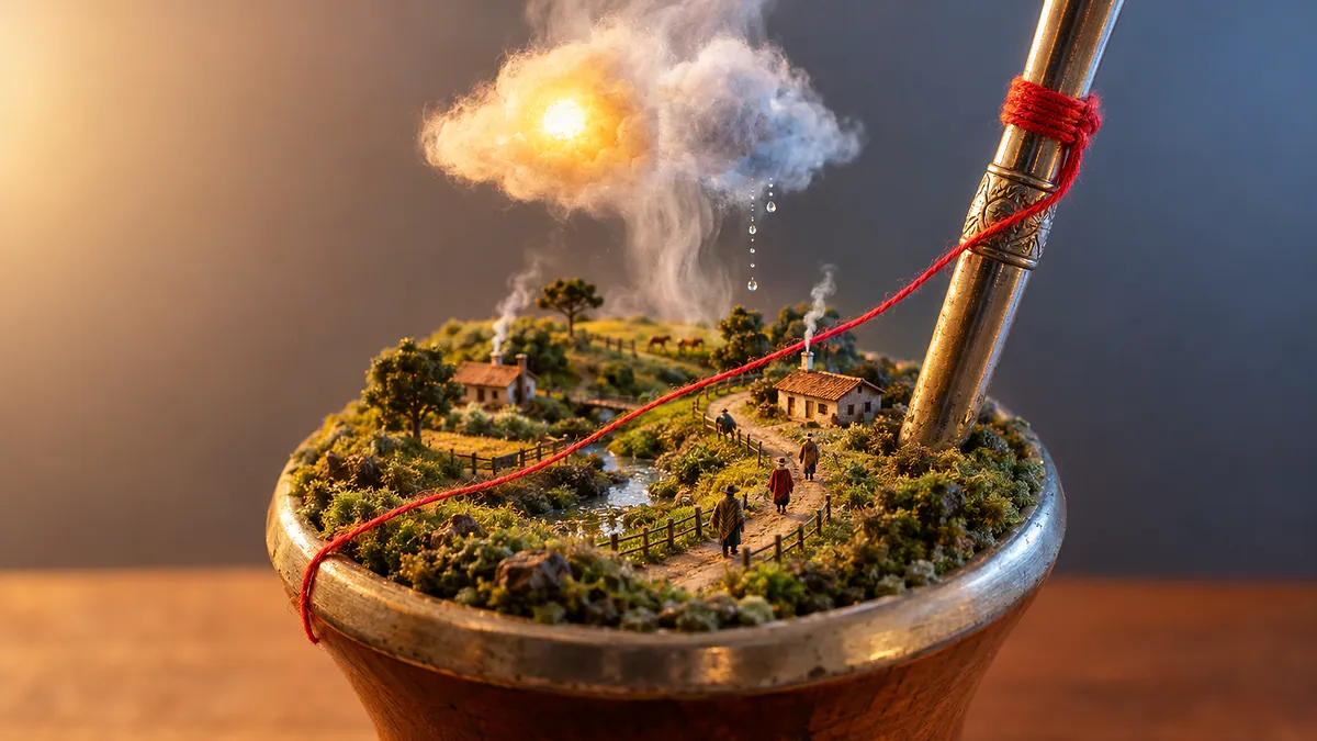 Cuia de chimarrão com paisagem gaúcha em miniatura, nuvem de algodão com sol e chuva e fio vermelho, ilustrando a previsão do tempo