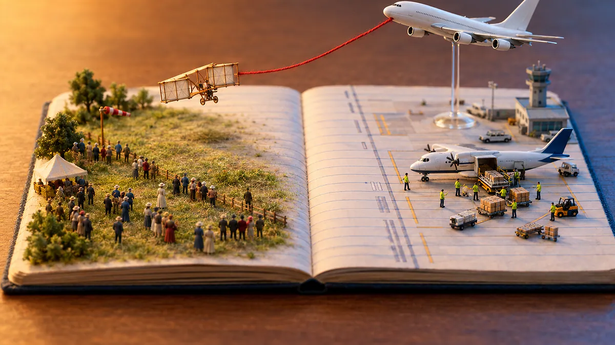 Caderno escolar aberto com maquete de um avião antigo de madeira e um jato moderno, ligados por fio vermelho, sobre a aviação brasileira