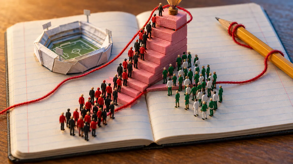 Caderno aberto com escada de borrachas e bonequinhos de maquete em vermelho e preto, com um degrau de vantagem sobre os de verde