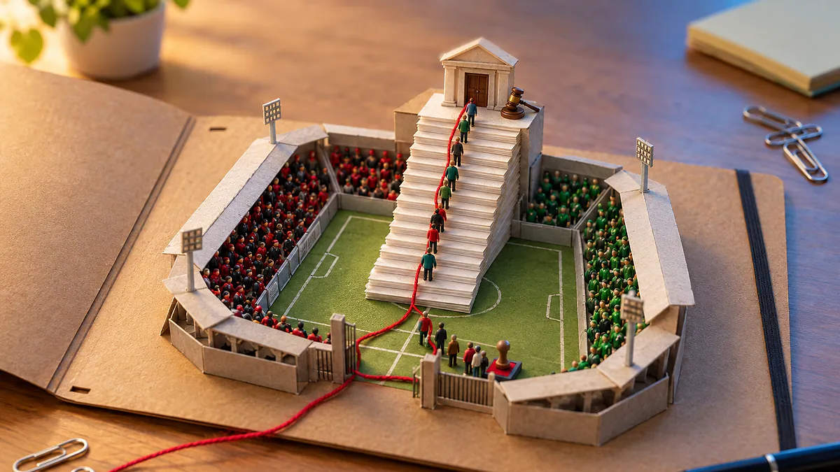 Pasta de documentos aberta com estádio em miniatura e fila de bonequinhos subindo escada de papel até porta de tribunal, ligada por fio vermelho