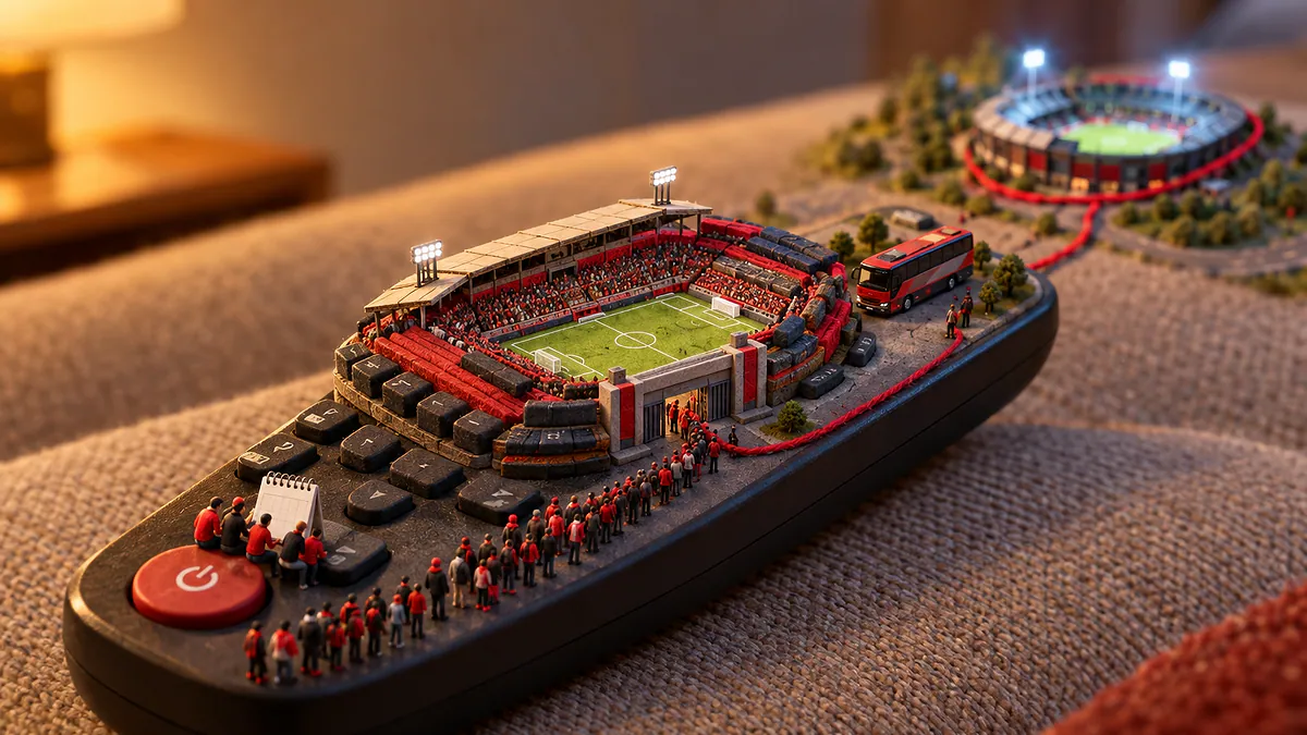 Controle remoto com mini estádio e torcedores de maquete em fila, ligado por um fio vermelho a outro estádio ao fundo