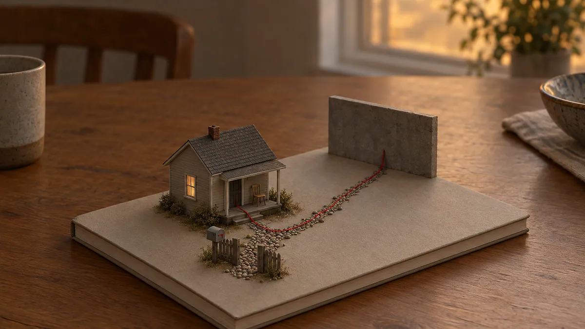 Caderno escolar com casinha em miniatura de caixa de correio vazia, muro cinza ao fundo e fio vermelho ligando os dois: Lula e o auxílio-reclusão